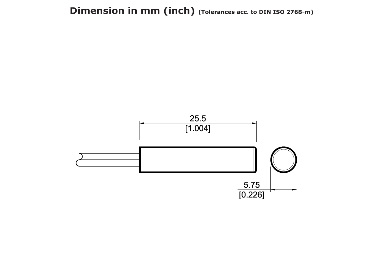 Technical drawing of an MK03 Series Reed Sensor, cylindrical in shape with dimensions: length 25.5 mm (1.004 in) and diameter 5.75 mm (0.226 in); shown in side and end views with a pair of wires on the left. by Standex Detect