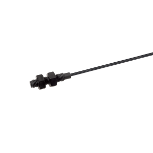 A black cable with a threaded plastic connector and two hex nuts on one end, likely part of a Plastic Series Reed Sensor, set against a white background. The cable extends to the right with the connector positioned toward the left side of the image. by Standex Detect