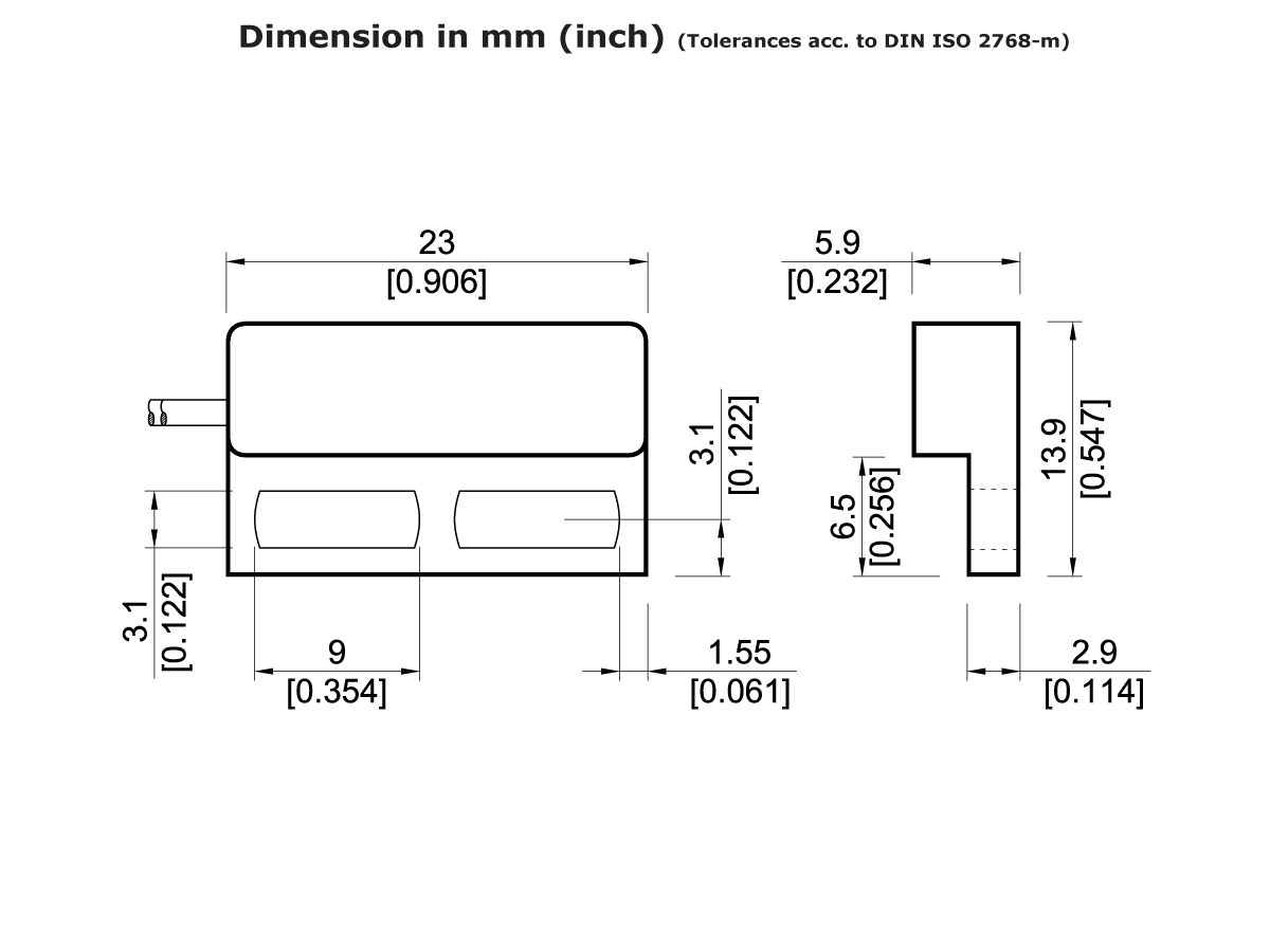 Technical drawing of a rectangular MK13 Series Reed Sensor with a side protrusion, showing dimensions in millimeters and inches; key measurements include 23 mm width, 9 mm depth, and 13.9 mm height. by Standex Detect