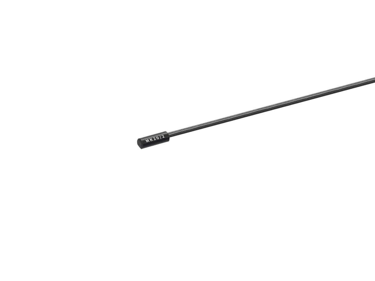 A long, slender, black rod with a small cylindrical end cap labeled VARDI, featuring the MK20/2 Series Reed Sensor. The background is plain white. by Standex Detect