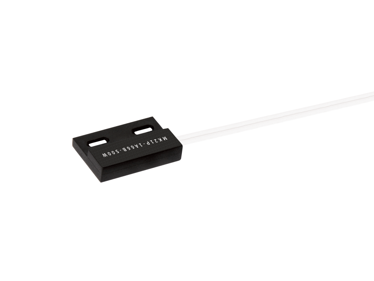 A black rectangular electronic Reed Sensor from the MK21 Series features two slots and white wires extending from one side, isolated on a white background. The sensor has white text printed on its surface. by Standex Detect