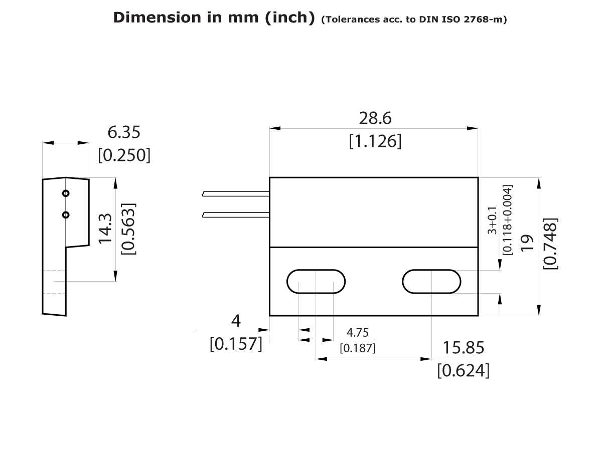Technical drawing of an MK21 Series Reed Sensor electronic component with three pins, showing front, side, and top views. Dimensions are labeled in millimeters and inches, with detailed width, height, and hole placement measurements. by Standex Detect