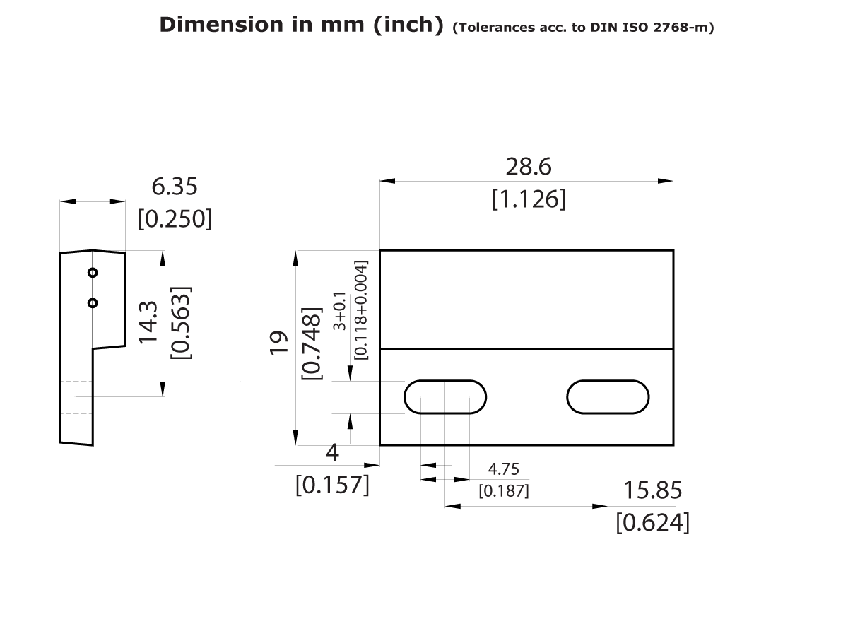 Technical drawing of a rectangular metal part for MK21PR Series Reed Sensor, featuring two oval holes, detailed dimensions in millimeters and inches, and tolerance notes per DIN ISO 2768-m. by Standex Detect