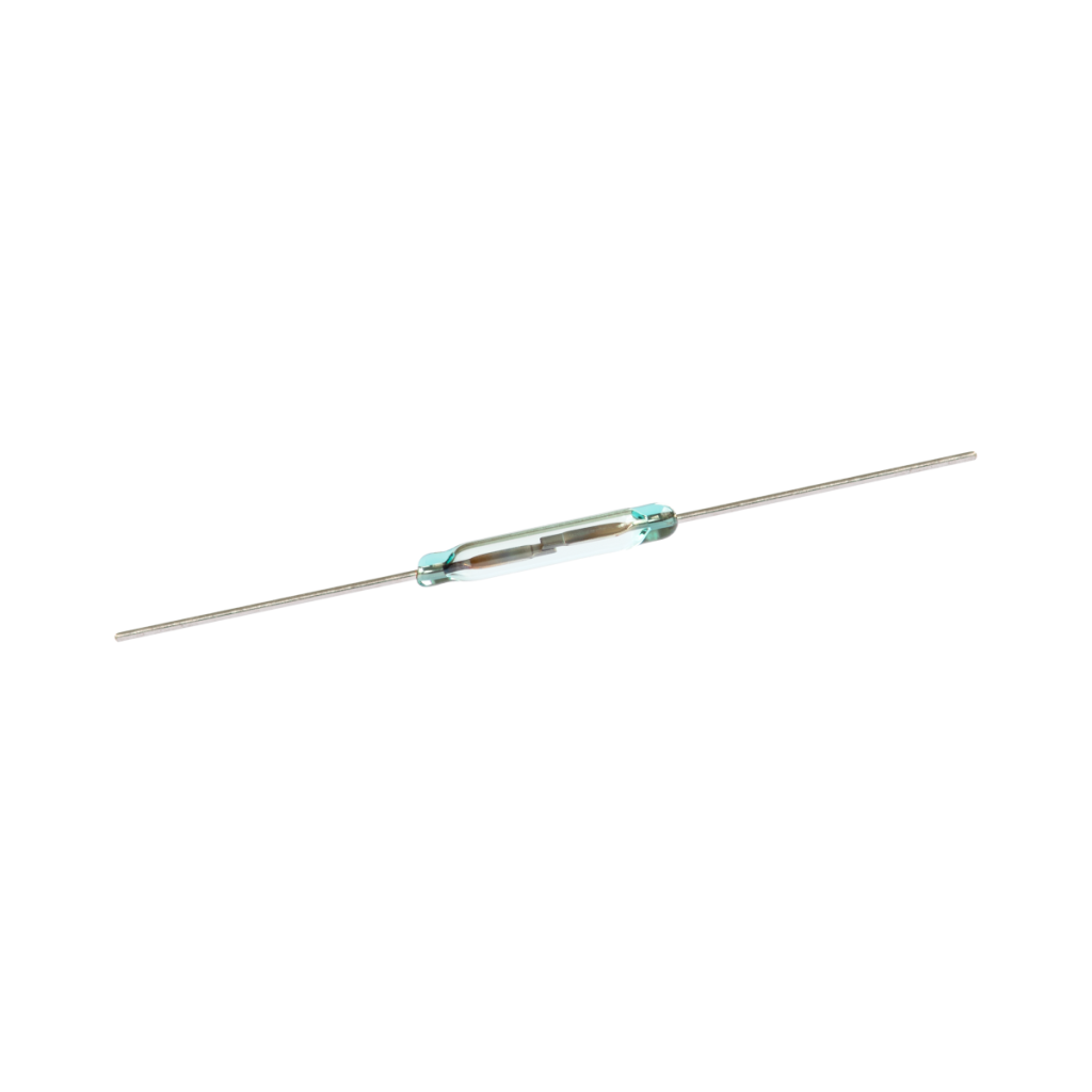 A small 9-14mm miniature reed switch with two long metal leads extending from either end, isolated on a white background. by Standex Detect