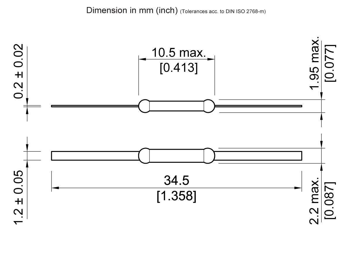 Technical drawing of a KSK-1A35/1 Reed Switch, Series component. The cylindrical electronic part has wires on each end, with key dimensions labeled: 10.5 mm max central length, 34.5 mm total length, and various height tolerances. by Standex Detect