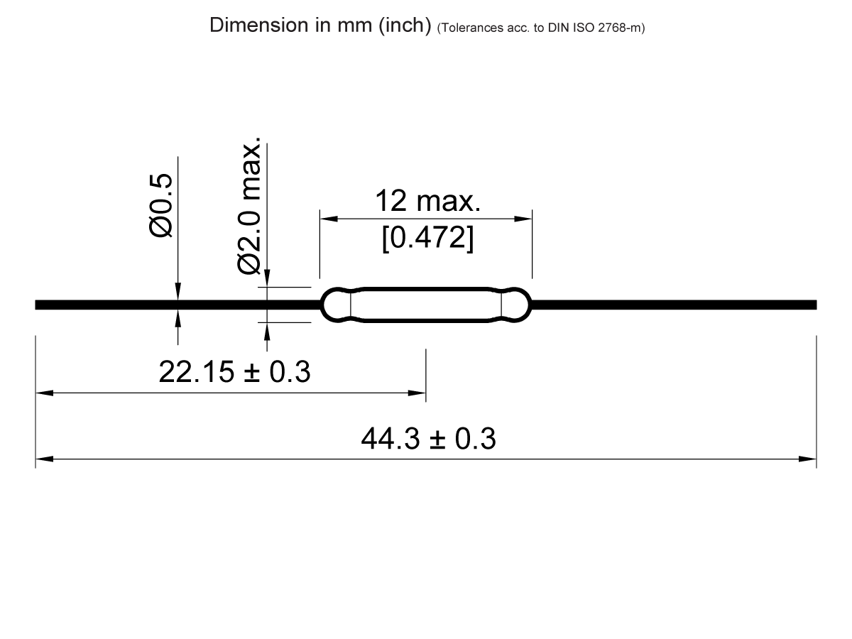 Technical drawing of a KSK-1A46 Series cylindrical reed switch with dimensions: length 44.3 ± 0.3 mm, central length 22.15 ± 0.3 mm, max diameter 2.0 mm, end diameter 0.5 mm, max central width 12 mm (0.472 in). by Standex Detect