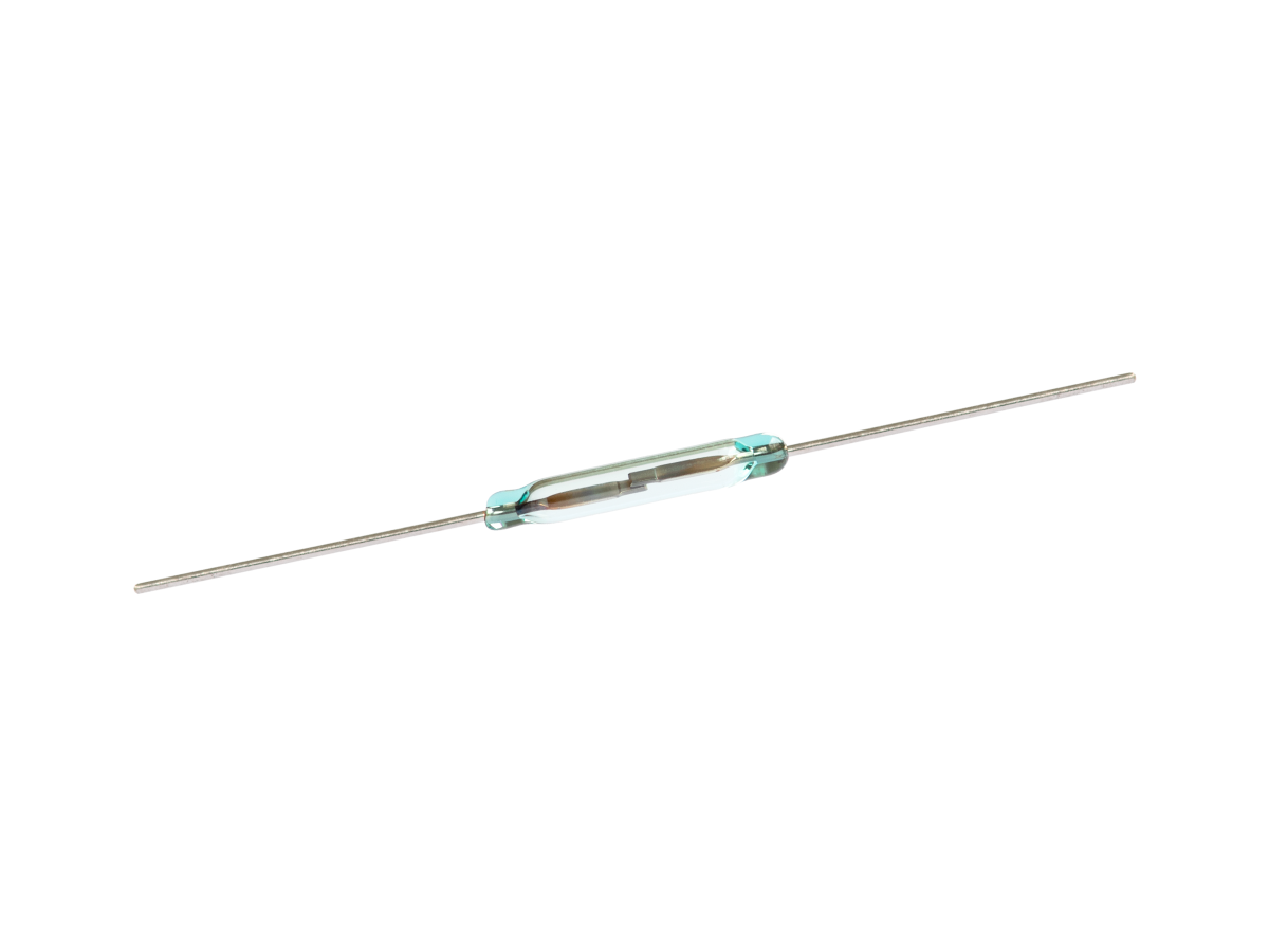 A small glass Reed Switch, model KSK-1A66/3, with two long metal leads extending from both ends, visible internal contacts, and a transparent cylindrical body. The component is isolated on a white background. by Standex Detect