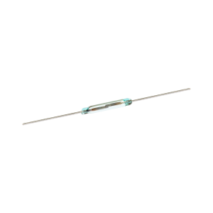 A glass cylindrical Reed Switch, model KSK-1A66, with two long, thin metal leads extending from each end, isolated on a white background. by Standex Detect