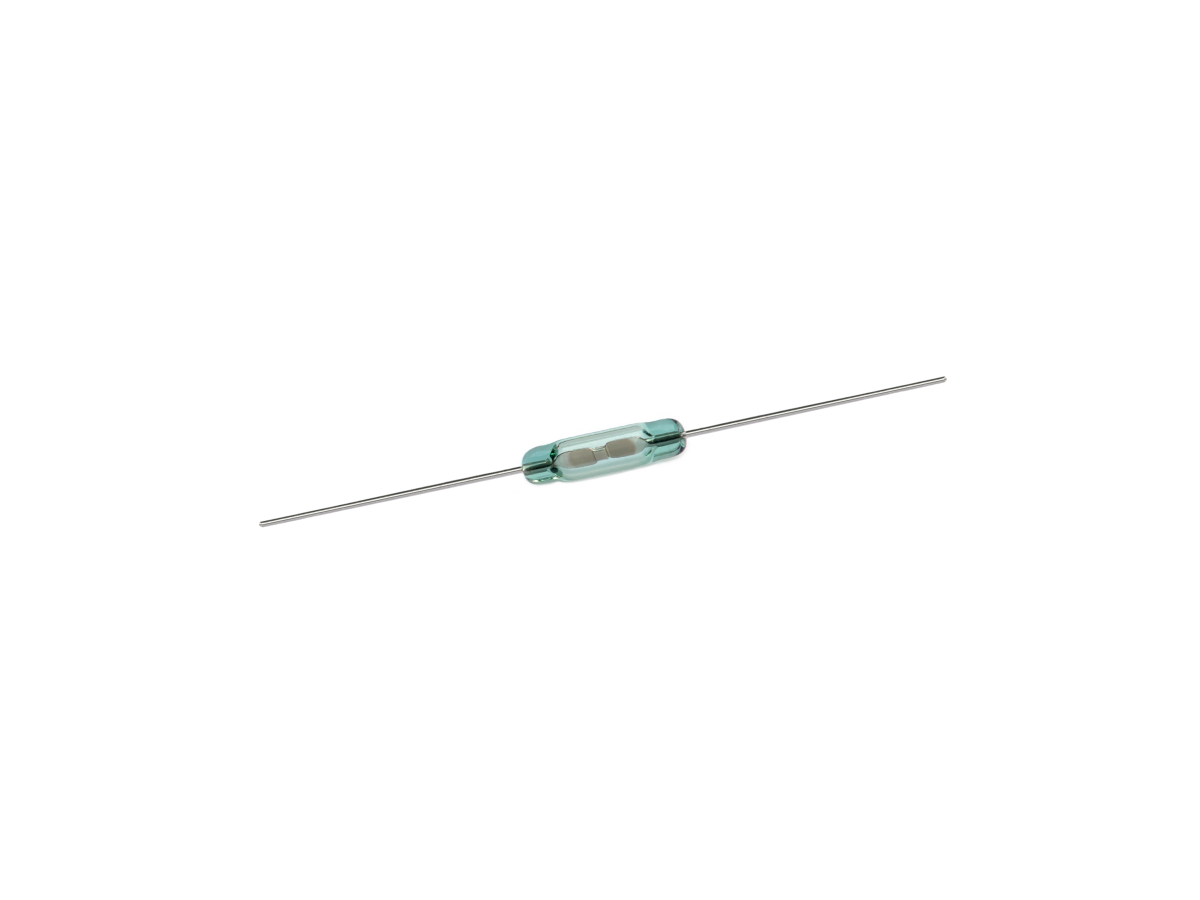 A small glass cylindrical electronic component with two metal leads extending from each end, commonly known as a Reed Switch from the KSK-1A80 Series, isolated on a white background. by Standex Detect