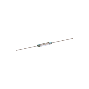 A small glass Reed Switch from the KSK-1A87 Series with metal leads extending from both ends, isolated on a white background. by Standex Detect
