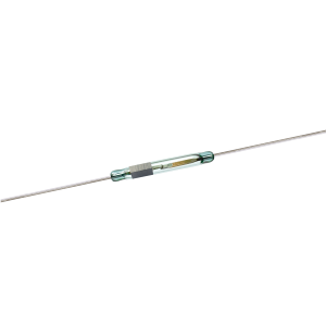A KSK-1B85 Reed Switch featuring a glass tube with long metal leads at both ends and a small metal contact sealed inside the cylindrical enclosure. by Standex Detect