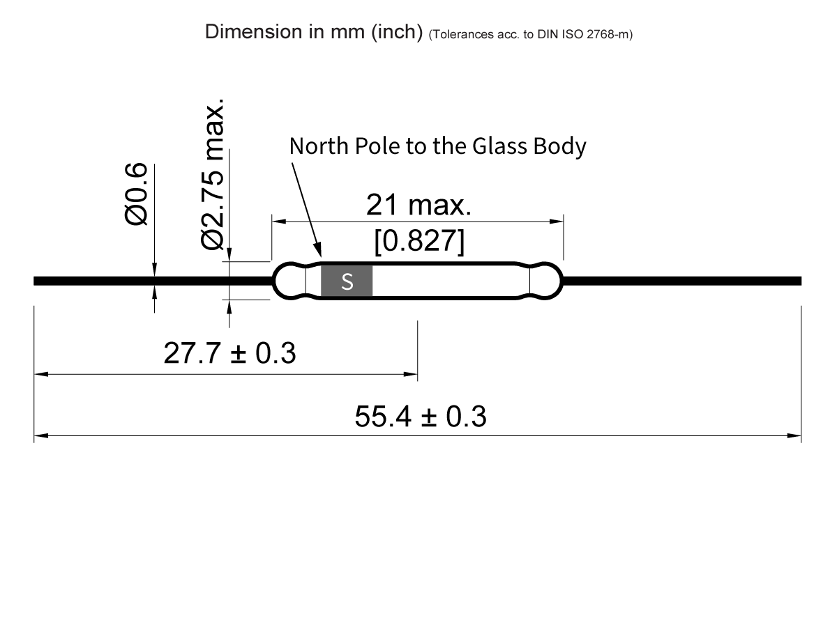 Technical drawing of a KSK-1B85 Series Reed Switch, showing a cylindrical component with labeled dimensions in millimeters and inches. The component is 55.4 ± 0.3 mm long, 21 mm glass body, S for North Pole, ø2.75 mm and ø0.6 mm max diameters. by Standex Detect