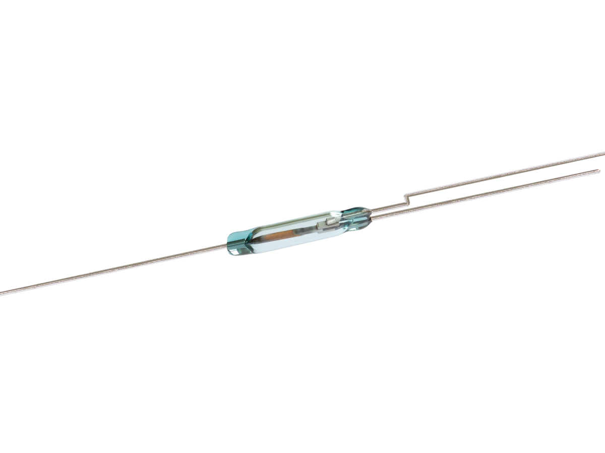 A small glass cylindrical KSK-1C90F Reed Switch with two long metal leads extending from each end, used for detecting magnetic fields in electronic circuits. by Standex Detect