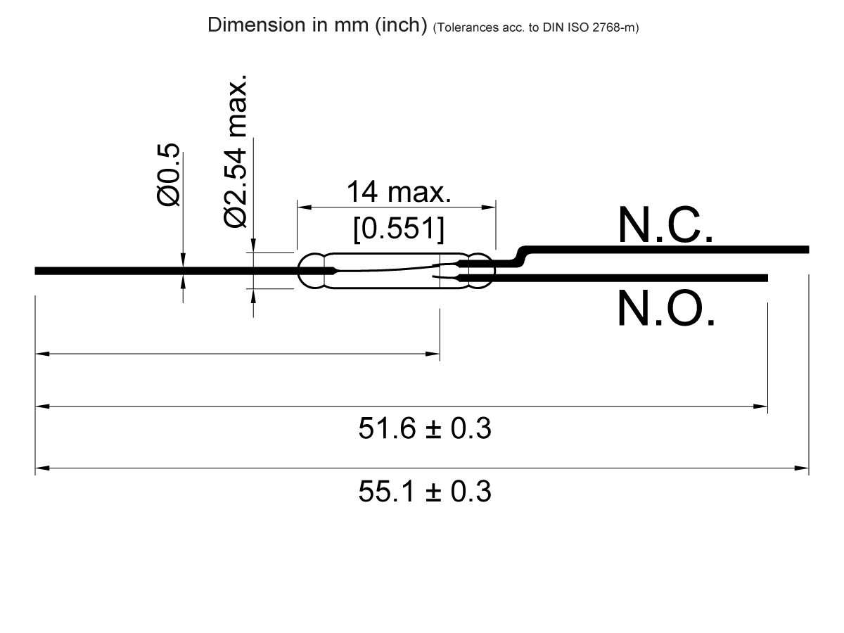Technical drawing of a KSK-1C90F Series Reed Switch showing dimensions: total length 55.1 ± 0.3 mm, 51.6 ± 0.3 mm to the bend, diameter 0.5 mm, and max width 2.54 mm. Labeled N.C. and N.O. terminals. by Standex Detect