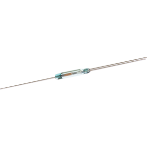 A small KSK-1C90U Series reed switch with thin metal wires extending from both ends, used for detecting magnetic fields in electronic circuits. by Standex Detect