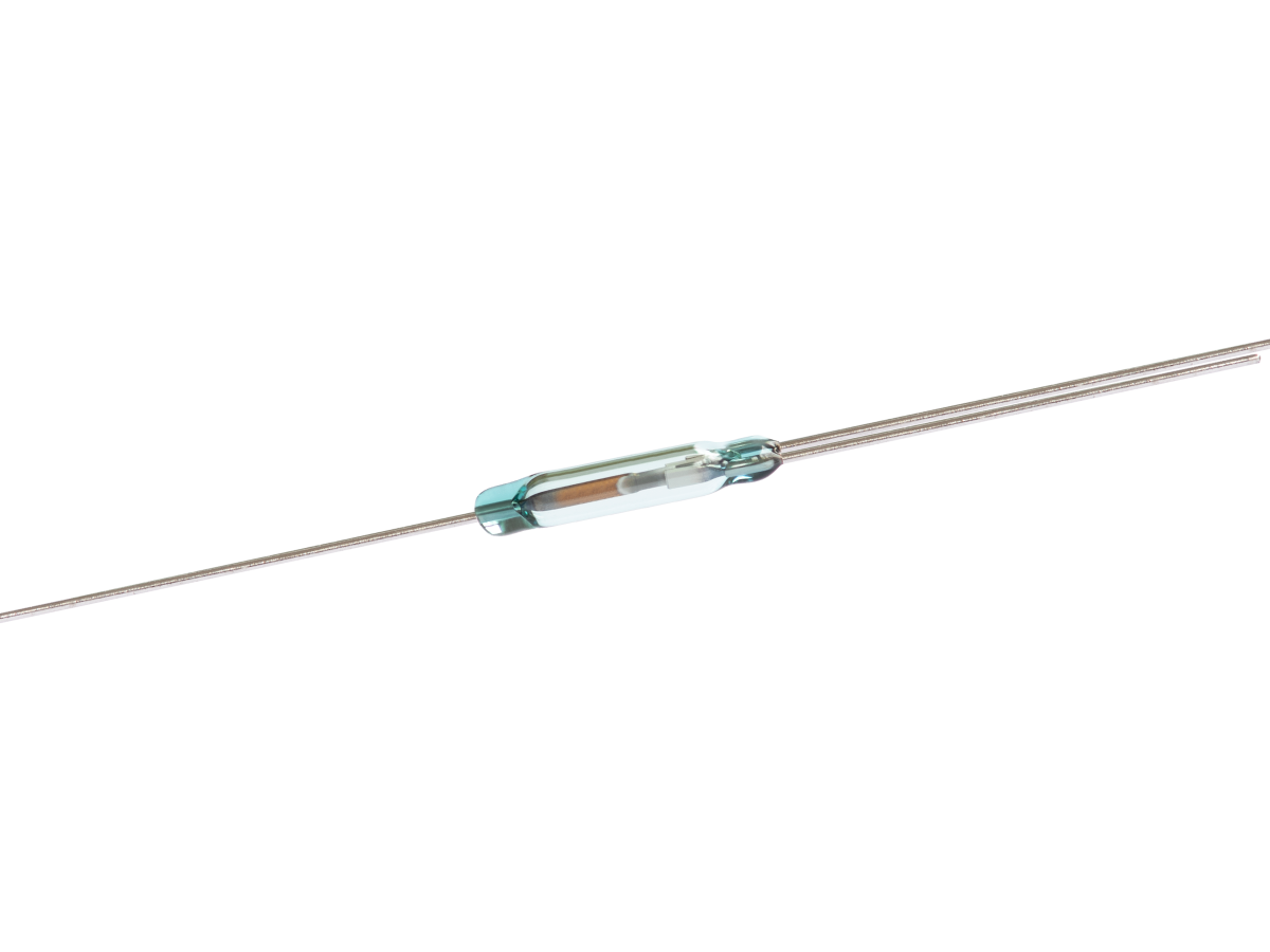 A small glass tube Reed Switch from the KSK-1C90U Series with two long metal leads extending from each end, used for detecting magnetic fields in electronic circuits. by Standex Detect