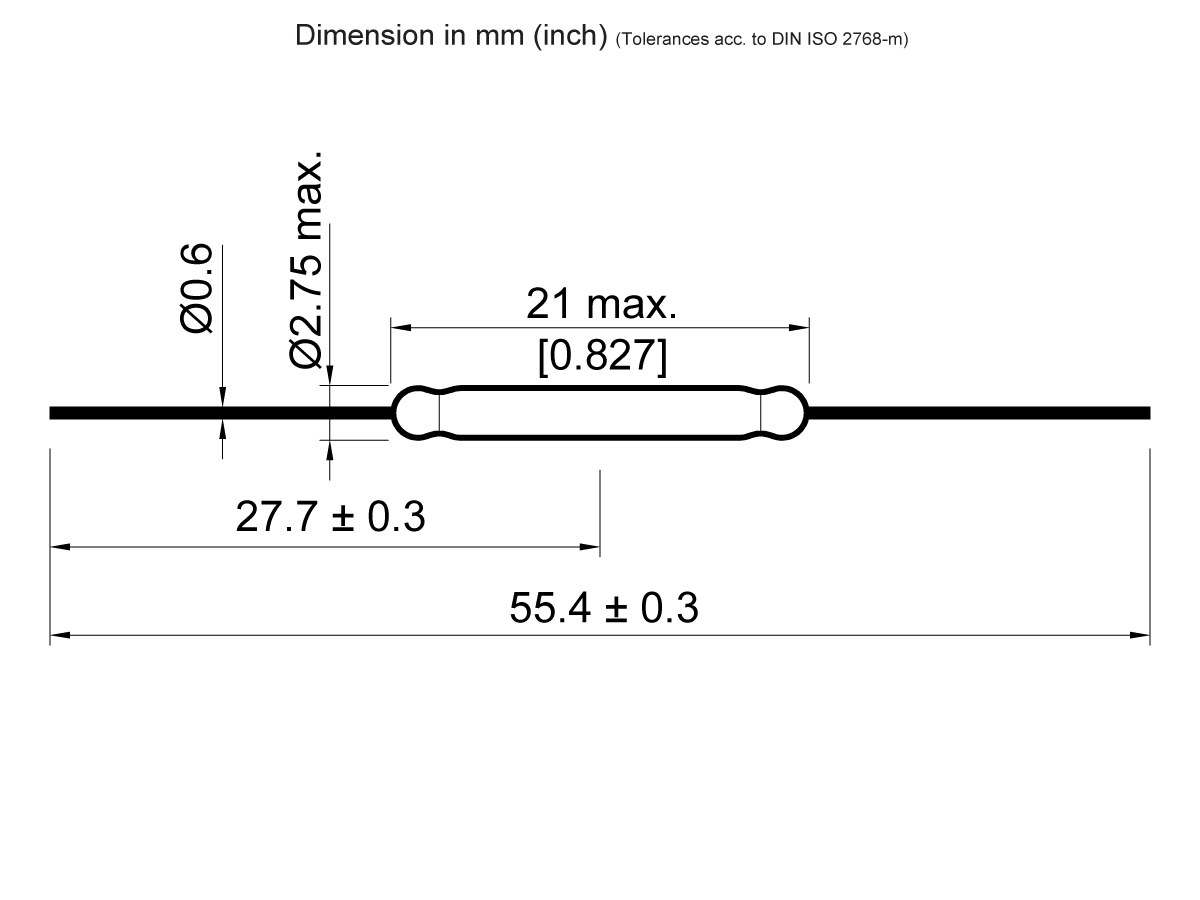 Technical drawing showing dimensions of a KSK-1E85 Reed Switch cylindrical component. Key measurements: length 55.4 ± 0.3 mm, central section 27.7 ± 0.3 mm, diameter 2.75 mm max, and wire thickness 0.6 mm; dimensions also in inches. by Standex Detect