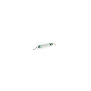 A small MK23-87 glass reed switch with silver metal leads on both ends, isolated on a white background. by Standex Detect