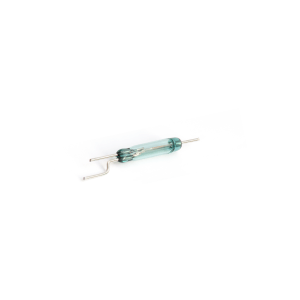 A small glass MK23-90 Reed Switch electronic component with metal leads extending from both ends and a bent wire, isolated on a white background. by Standex Detect