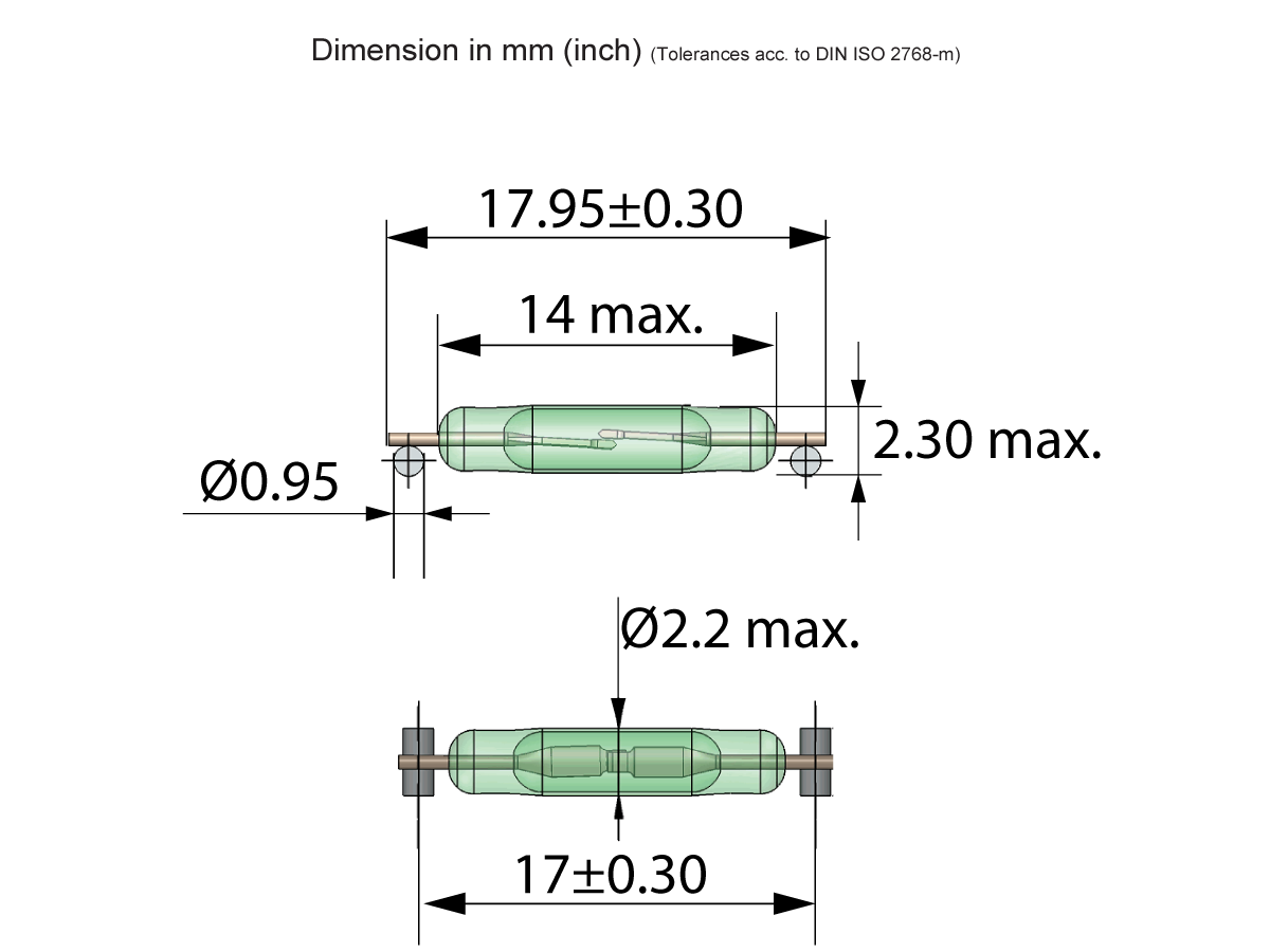 Technical drawing of the MK33-66 Surface Mount Reed Switch, featuring a cylindrical component with detailed measurements: 17.95±0.30 mm length, 14 mm max central section, pin ends 2.30 mm max, diameters 0.95 mm and 2.2 mm (mm units). by Standex Detect