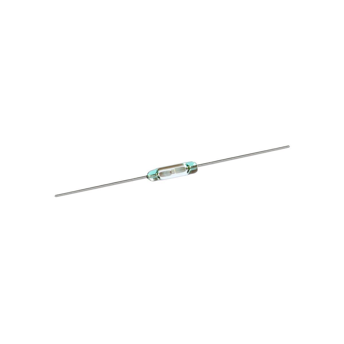A glass-encased cylindrical electronic component, such as the Reed Switch from the ORD213 Series, with metal leads extending from both ends, isolated on a white background. by Standex Detect