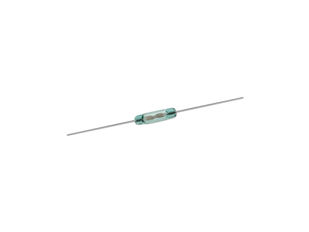 A small glass ORD213 Series reed switch with two metal leads extending from each end, used as an electrical component for sensing and switching applications. by Standex Detect
