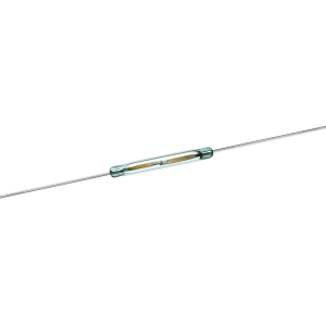 A small glass tube with metal leads extending from both ends, containing two thin metal reeds inside, forms an ORD2210 Series reed switch component used in electronic circuits. by Standex Detect