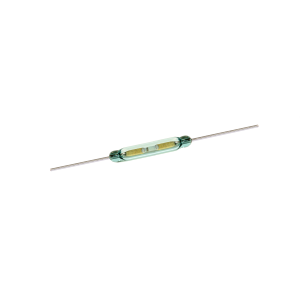 A small cylindrical ORD2211 Series reed switch with two metal leads extending from each end, showing internal metallic contacts inside the transparent casing, isolated on a white background. by Standex Detect