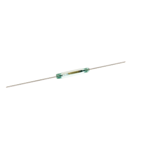 A small glass cylindrical reed switch from the ORD221 Series with two long metal leads extending from both ends, isolated on a white background. by Standex Detect