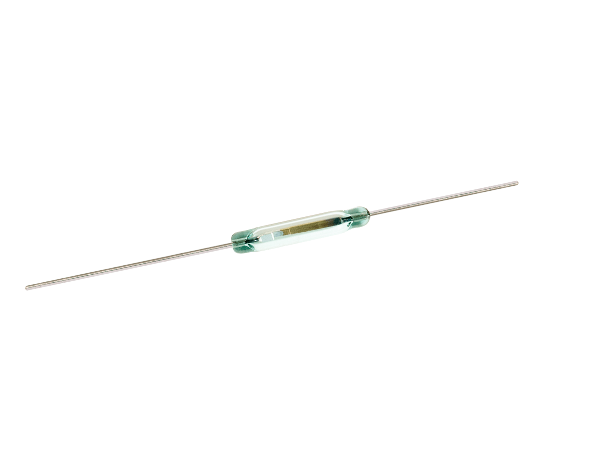 A small glass ORD221 Series reed switch with two long metal leads extending from each end, photographed on a white background. by Standex Detect