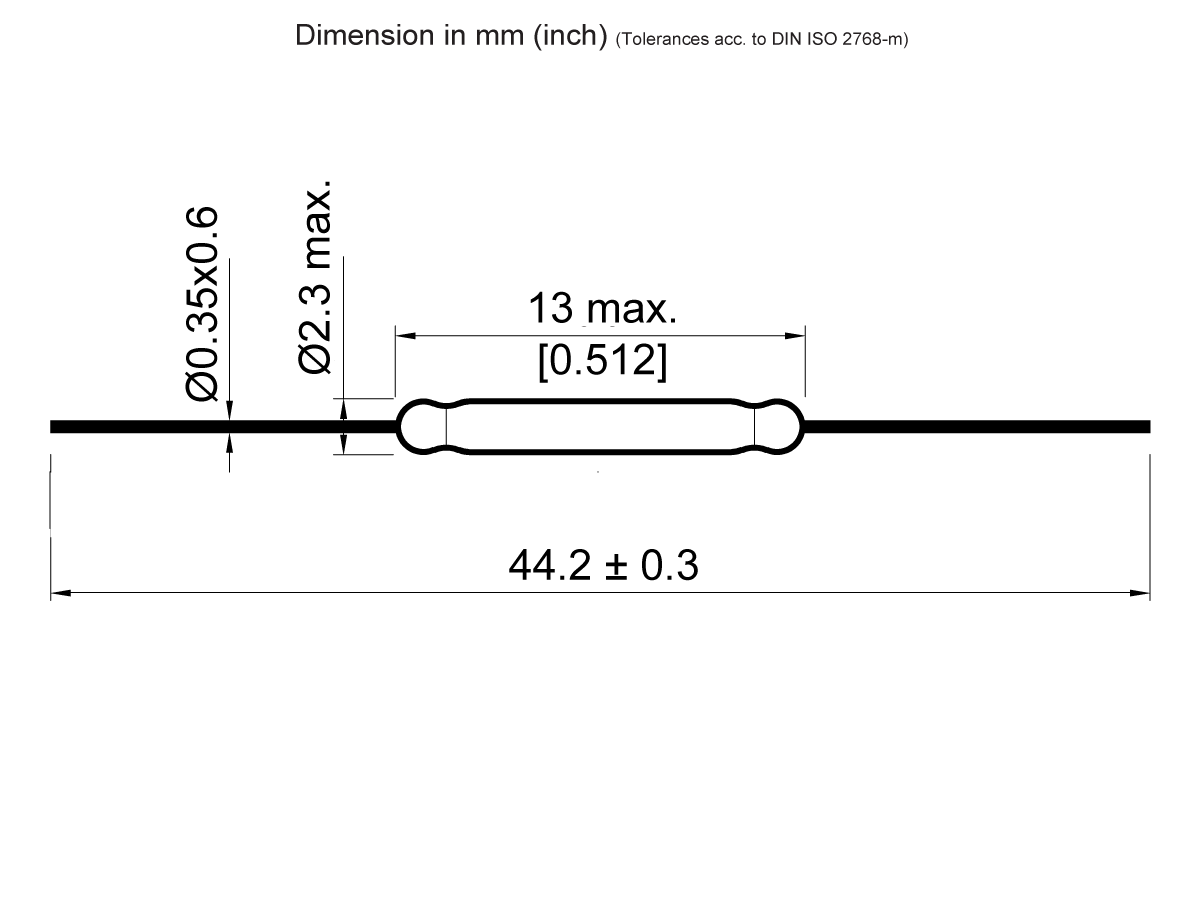 Technical drawing of the ORD221 Series Reed Switch, a cylindrical component with max diameter 2.3 mm, length 44.2 ± 0.3 mm, thinner sections of 0.35 ± 0.6 mm; labeled in mm with inch equivalents. by Standex Detect