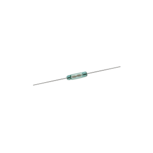 An ORD311 Series Reed Switch is shown: a small glass switch with metal leads extending from both sides, set against a white background. The transparent body reveals internal metallic contacts. by Standex Detect