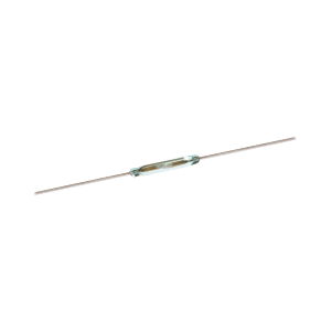 A small glass tube with thin metal wires extending from both ends, resembling an electronic component such as a reed switch from the ORD312 Series, isolated on a white background. by Standex Detect