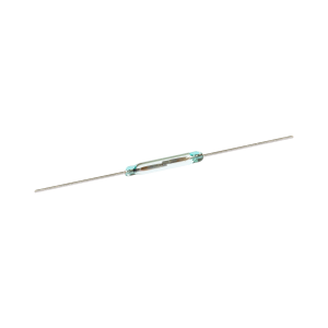 A small glass cylindrical Reed Switch from the ORD624 Series with metal leads extending from both ends, isolated on a white background. by Standex Detect