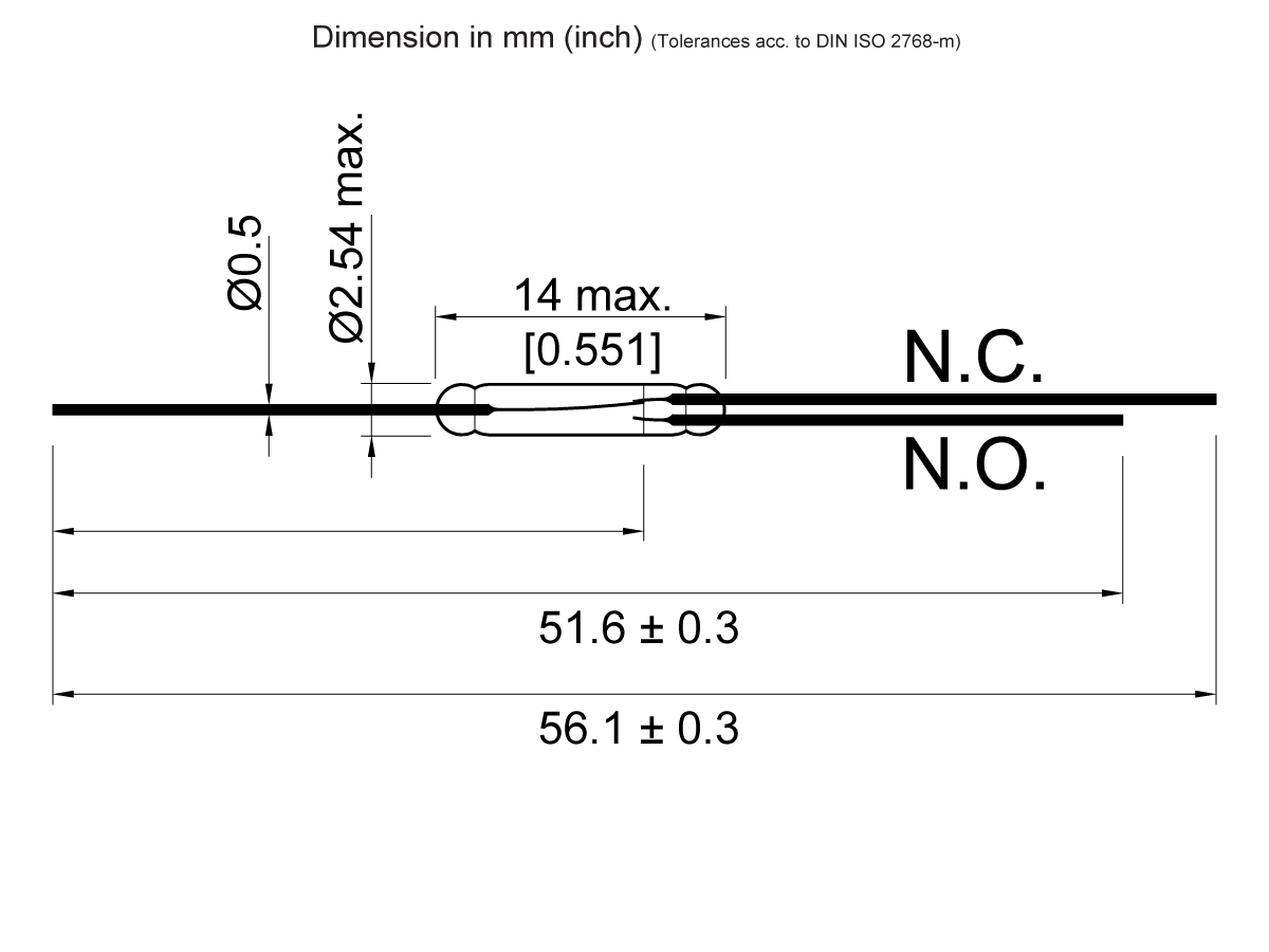 Technical drawing of an ORT651 Series Reed Switch pin, featuring N.C. and N.O. sections. Key dimensions: 56.1 ± 0.3 mm length, 51.6 ± 0.6 mm segment, max 2.54 mm & min 0.5 mm diameter, with up to 14 mm spacing. by Standex Detect