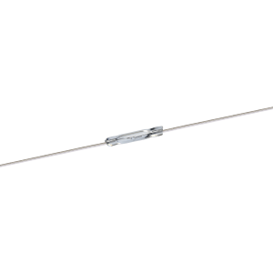 A metallic inline fuse holder is attached to a thin wire, isolated on a white background, similar in precision to the KSK reed switch components. by Standex Detect