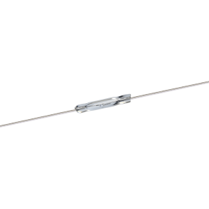 A cylindrical glass reed switch from the NL126 Series with two metal leads extending from either end, positioned horizontally against a white background. by Standex Detect