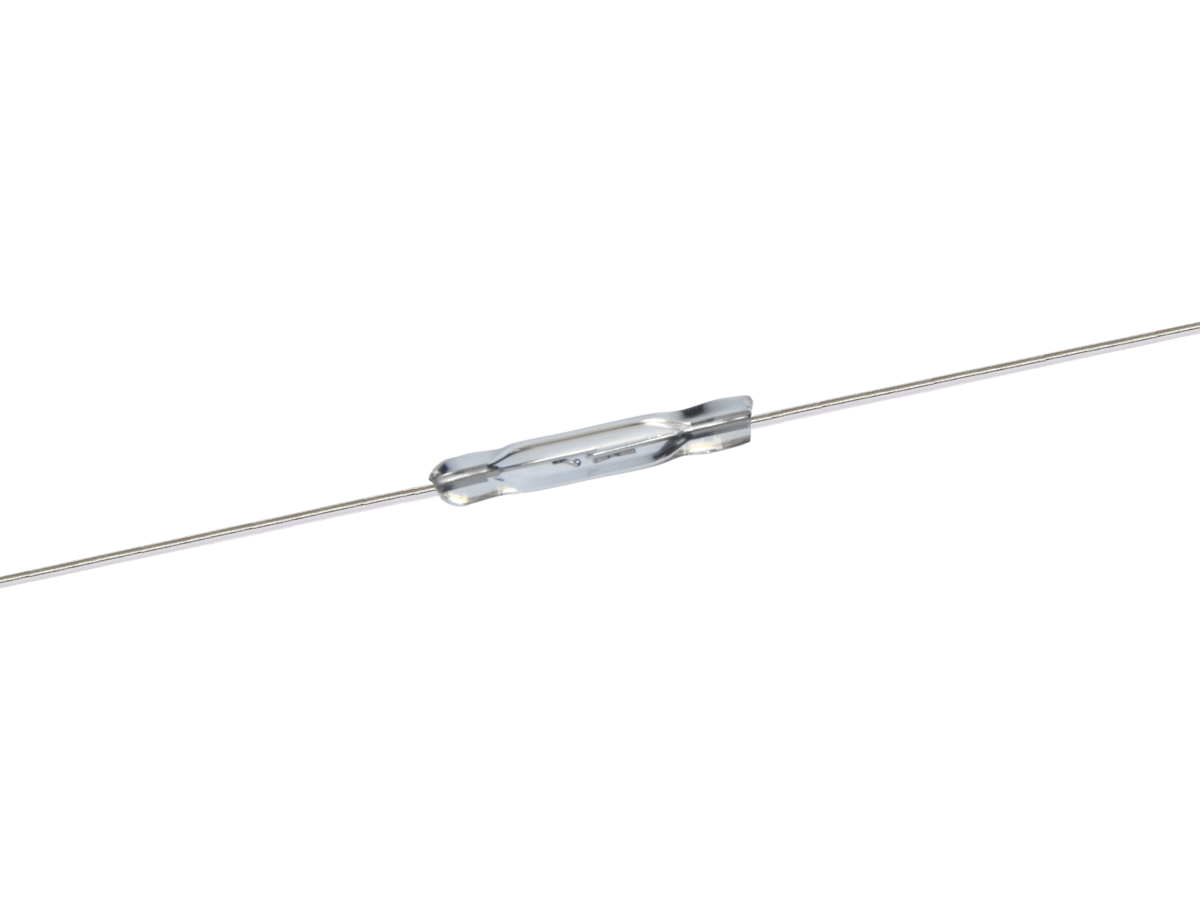 A small, transparent glass tube with thin metal wires extending from both ends, resembling an NL126 Reed Switch electronic component, is shown against a white background. by Standex Detect