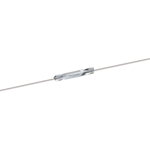 A small glass tube with thin metal wires extending from both ends, resembling a PR126 Series Reed Switch electronic component, isolated on a white background. by Standex Detect