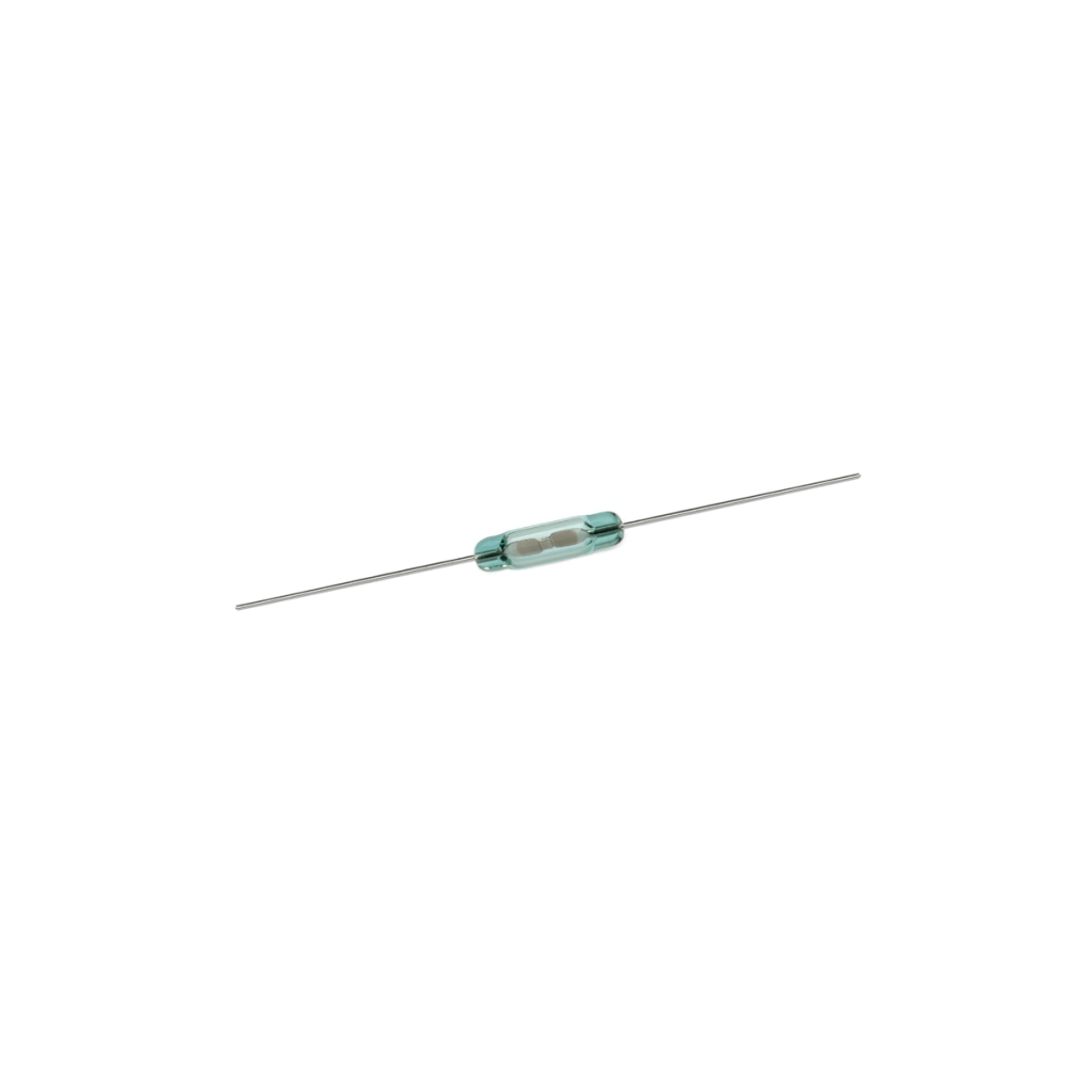 A small glass cylindrical electronic component, less than 8mm and classified as one of the ultraminiature Reed Switches, with two long metal leads extending from each end, shown on a white background. by Standex Detect