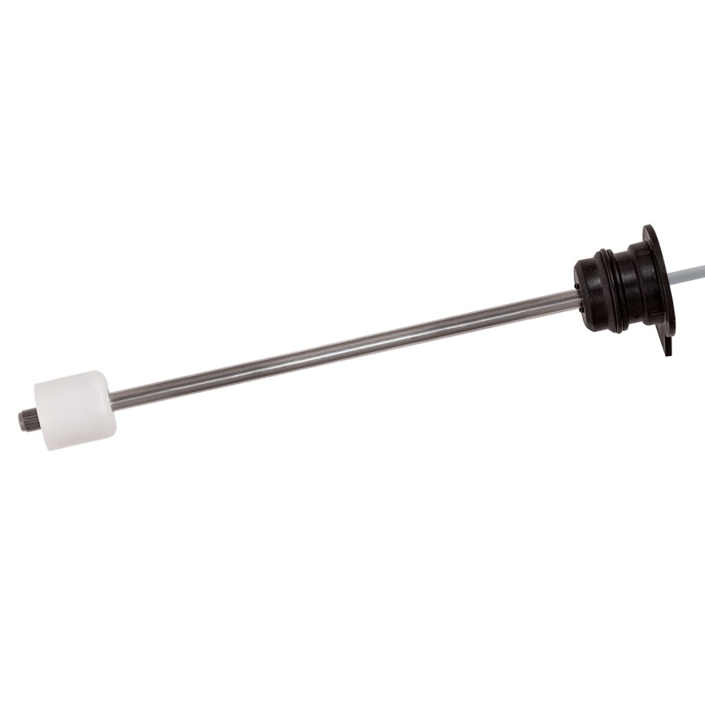 A metal rod with a white cylindrical float at one end and a black plastic mounting component at the other, this device is likely a continuous liquid level sensor or float switch. by Standex Detect