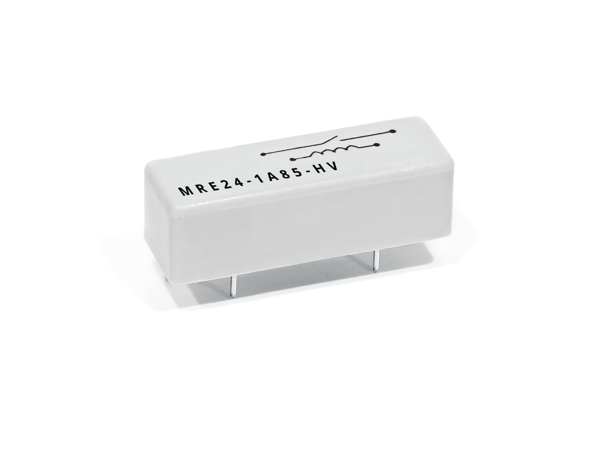 A rectangular white electronic relay component with two metal pins for mounting and black printed markings, including MRE24-1A85-HV and an electrical schematic symbol, on its top surface. by Standex Detect