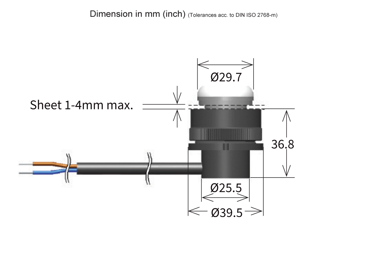Technical diagram of an MK25 Series button switch showing dimensions: diameter 29.7 mm at the top, installation hole diameter 25.5 mm, overall height 36.8 mm, and maximum sheet thickness 1–4 mm. Wires extend from the left. Reed Sensor compatible. by Standex Detect