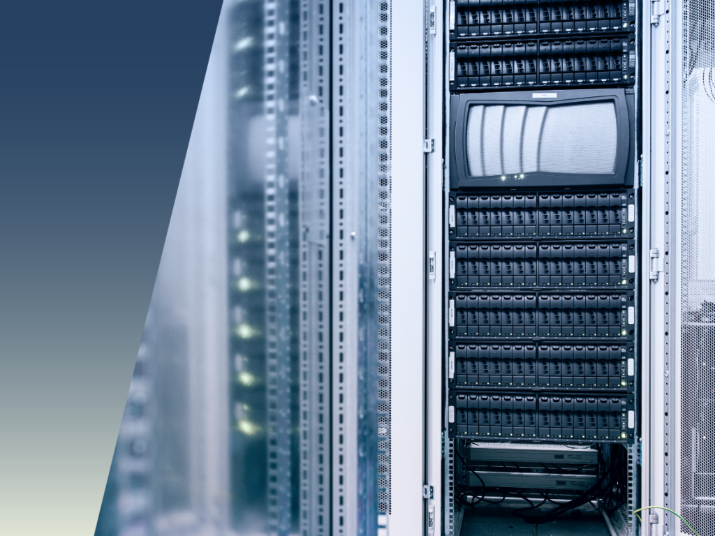 A server room with several racks of network equipment and servers; one rack contains a vintage CRT monitor among modern hardware, highlighting advanced features like High-Pulsed Current Testing. by Standex Detect