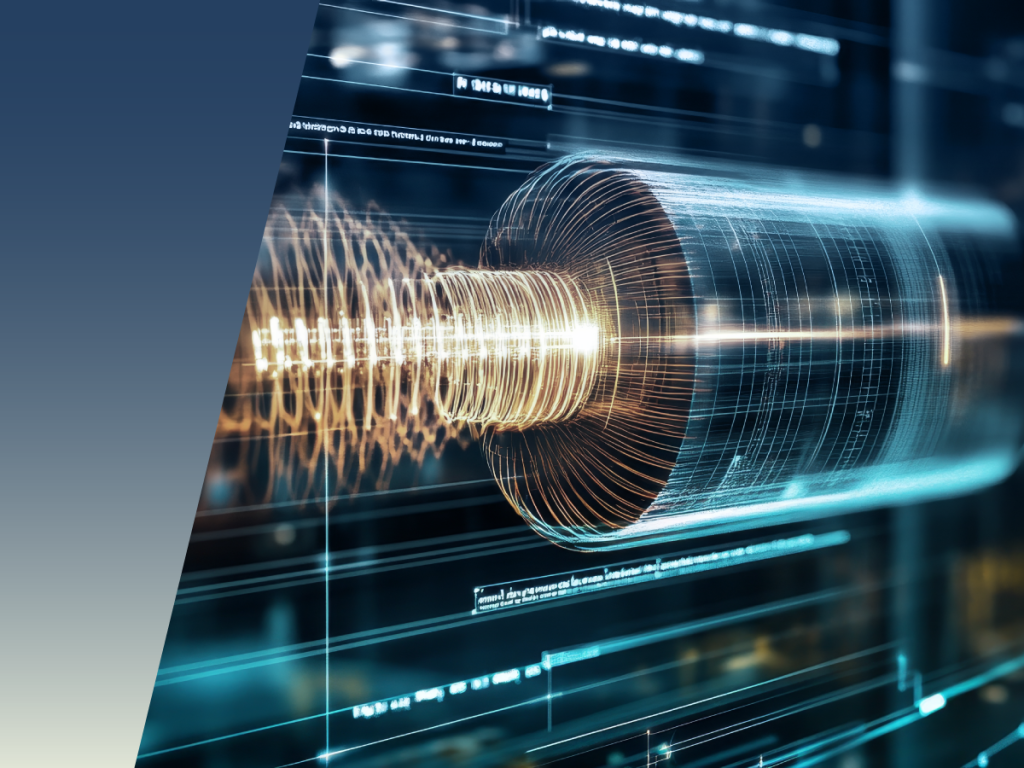 A futuristic digital illustration of a cylindrical device emitting glowing rings, surrounded by technical diagrams and data overlays, suggesting advanced technology or quantum computing. by Standex Detect