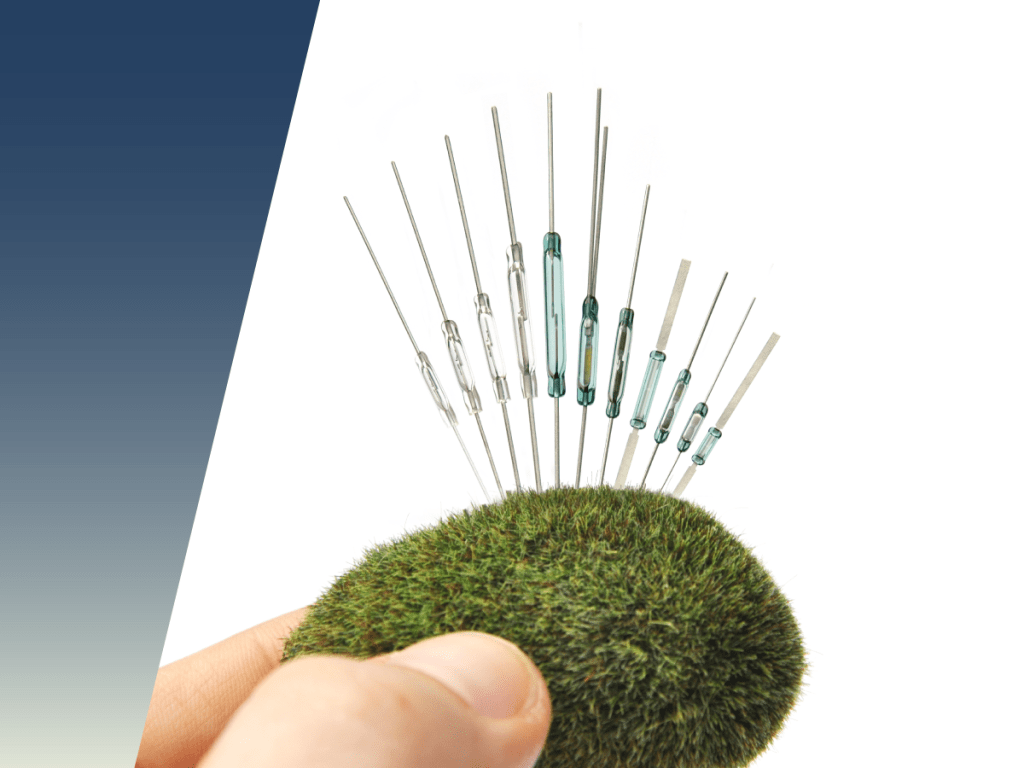 A hand holds a small green mossy object with multiple acupuncture needles of varying lengths and types inserted into it, resembling the precision seen in High-Voltage Switching for Burn-In Test Systems, set against a white and blue gradient background. by Standex Detect