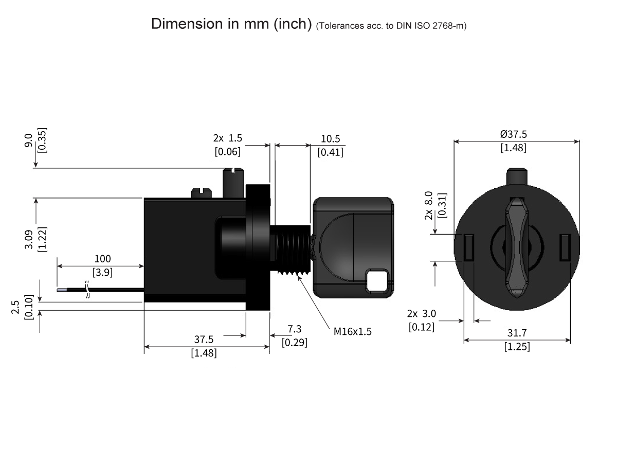 Technical drawing of a KS01 Series cylindrical mechanical part with detailed dimensions in millimeters and inches, including side and front views, threaded section (M16x1.5), multiple mounting hole measurements, and key switch placement. by Standex Detect