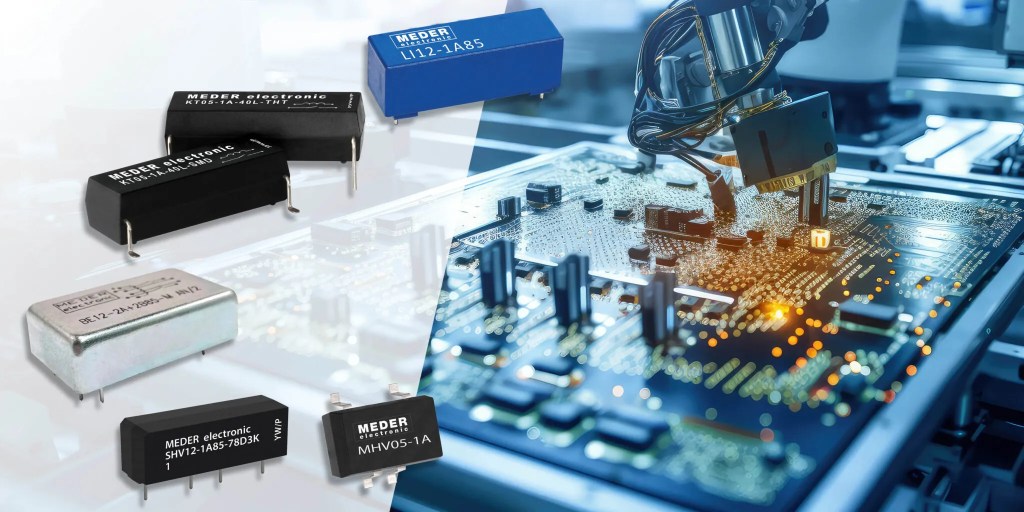 Assorted electronic relays, including Reed Relays, are displayed on the left side, with a robotic arm placing components onto a circuit board on the right side in a high-tech manufacturing environment. by Standex Detect