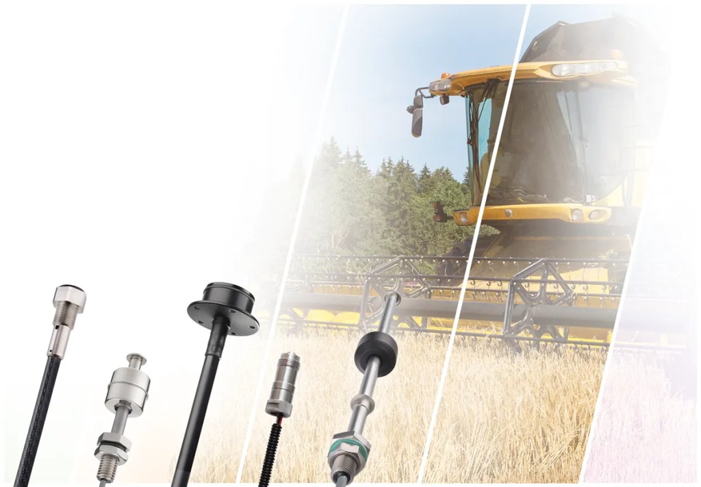 A yellow combine harvester works in a wheat field, partially faded into the background, with agricultural sensors and advanced sensor applications displayed prominently in the foreground. by Standex Detect