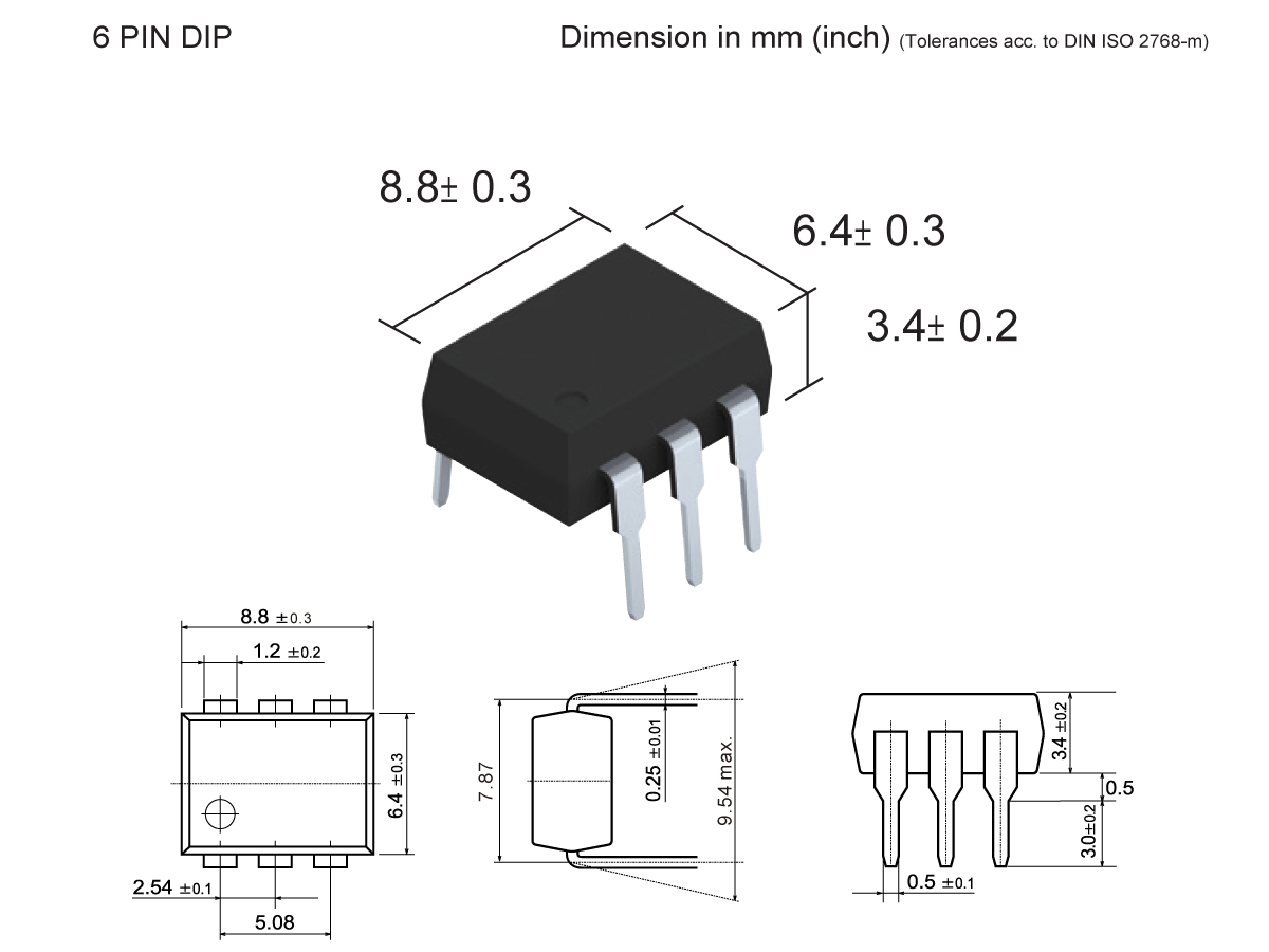A technical diagram of a 6-pin DIP Photo-MOSFET Relay (SMP-30) with three-dimensional and orthographic views, showing detailed measurements in millimeters and inches for height, width, and pin spacing. by Standex Detect